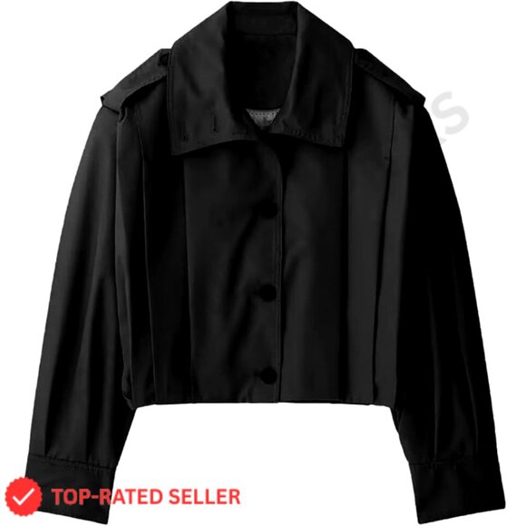 Cropped Pleated Trench Coat Casual Lapel Collar Button Down Jacket Retro